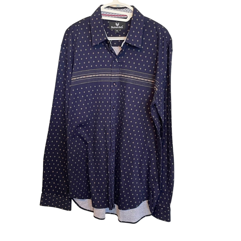 Buttercloth Men's Size XL Navy Blue Geometric Button Down Dress Shirt Cotton
